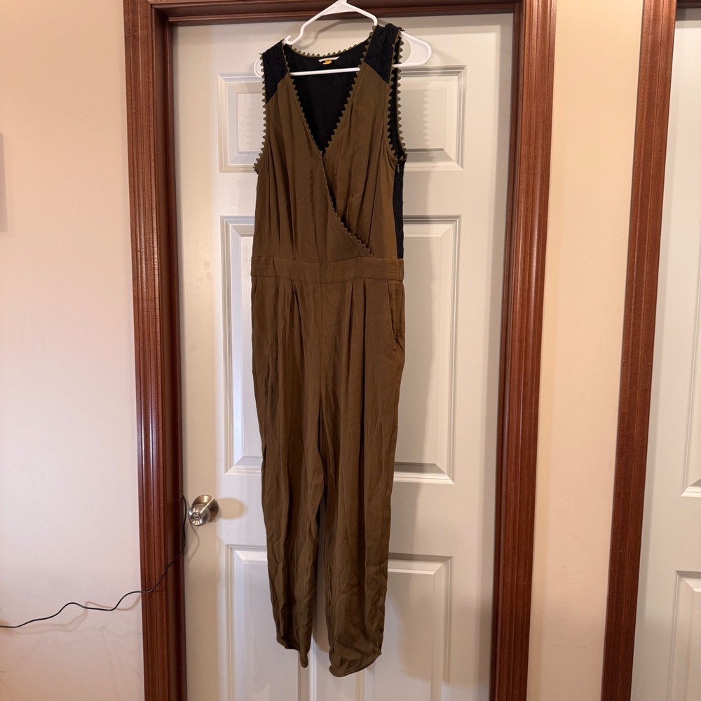 Anthropologie Leifsdottir Whimsigoth Olive Green Black Jumpsuit Lace Belt Sz 10 - Picture 3 of 16